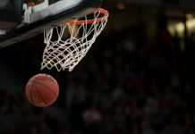 Basketball still image moments after a scoring shot